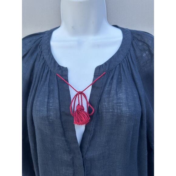 Eleven By March 11 Navy 100% Linen Embroidered Floral Tassel Mini Dress Size M - Picture 3 of 12